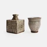 Shimaoka Tatsuzo, Tea bowl and square vase, each covered in braided grey glaze with iron decoration
