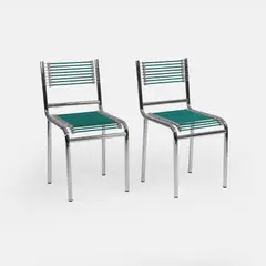 René Herbst, Pair of 'Sandow' dining chairs, 1928, chrome-plated tubular steel with green tensioning straps (2)