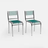 René Herbst, Pair of 'Sandow' dining chairs, 1928, chrome-plated tubular steel with green tensioning straps (2)