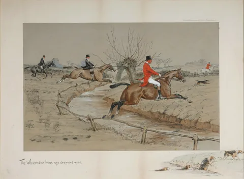 Charles 'snaffles' Johnson Payne, THE WHISSENDINE BROOK RUNS DEEP AND WIDE, hand-coloured lithograph