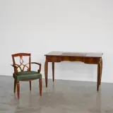 Bureau et son fauteuil by Jules Leleu, A desk and its signed and numbered armchair in Indian rosewood, sipo, walnut, brass, leather and fabric by Jules Leleu i, offered Apr 2026