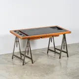 Établissements Poillerat, Table d'architecte, commande spéciale, A specially commissioned architect's table in sipo, walnut, steel, leather and brass by Établissements Poillerat circa 1970