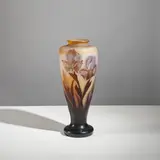 Vase de forme balustre by Établissements Gallé, A signed baluster-shaped vase in acid-etched multilayered glass with a rotating iris blossoms decoration by Établissemen, sold Nov 2025