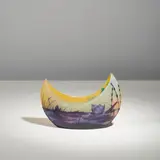 Coupe de forme navette by Établissements Gallé, A signed shuttle-shaped coupe in acid-etched multilayered glass with a rotating marsh flora decoration by Établissements, sold Nov 2025
