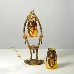 Deux tulipes by Daum Nancy, Two signed lampshades in acid-etched multilayered glass with a rotating eucalyptus flowered branches decoration by Daum , sold Nov 2025