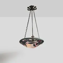 Daum Nancy, Suspension, A signed pendant light in acid-etched multilayered glass with a rotating persimmons decoration by Daum Nancy and wrought iron