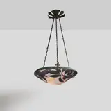 Daum Nancy, Suspension, A signed pendant light in acid-etched multilayered glass with a rotating persimmons decoration by Daum Nancy and wrought iron