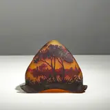 Daum Nancy, Ciel de lampe, A signed lampshade in acid-etched multilayered glass with a rotating lakeside landscape decoration by Daum Nancy