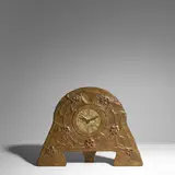 Alfred Daguet, Mantel Clock, mahogany, hammered sheet brass, applied with polychrome glass cabochons, hammered mark 'ALFRED DAGUET 03'