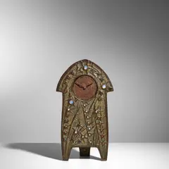 Alfred Daguet, Mantel Clock, for Siegfried Bing/L'Art Nouveau, copper, brass, glass, oak, molded mark 'ALF