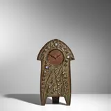 Alfred Daguet, Mantel Clock, for Siegfried Bing/L'Art Nouveau, copper, brass, glass, oak, molded mark 'ALF