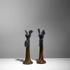 Arthur Craco, Pair of Candlesticks, glazed earthenware, incised indistinct maker's mark