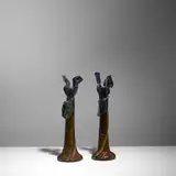Arthur Craco, Pair of Candlesticks, glazed earthenware, incised indistinct maker's mark