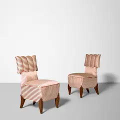 August Endell, Pair of Slipper Chairs, oak, satin upholstery