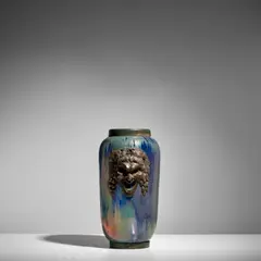 French Art Deco, Vase, lustre-glazed ceramic, silver plate, the silver plate mask stamped 'RENAUD'