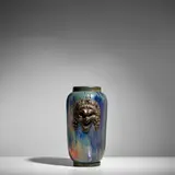 French Art Deco, Vase, lustre-glazed ceramic, silver plate, the silver plate mask stamped 'RENAUD'
