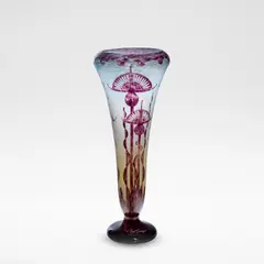 Charles Schneider, 'Chardons' Le Verre Français vase, circa 1918-1932, Mottled and frosted clear, blue and yellow glass, acid-etched in relief with thistles and cailloux pattern, overlaid in purple