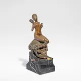 Johann W. Elischer, Vanitas, sculpture, 1921, Bronze, modelled as a female nude holding a mirror, perched atop skull wearing a garland of roses, on a portoro marble base