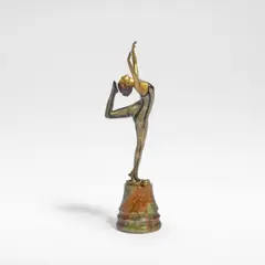 Otto Poertzel, 'Snake Dancer', circa 1925, Cold painted and gilt bronze, modelled as a dancing female, raised on a turned onyx base