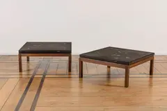 Rare paire de tables basses by Ado Chale, A rare pair of signed low tables in marcasite, resin and lacquered wood by Ado Chale circa 1960, offered Jan 2025