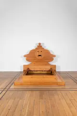 Lit La Bocca della Verità by Mario Ceroli, A signed 'La Bocca della Verità' bed in pine designed by Mario Ceroli circa 1972 and edited by Poltronova, sold Jan 2025