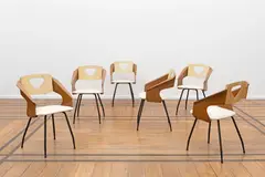 Carlo Ratti, Ensemble de six chaises, A set of six chairs in plywood, lacquered metal and vinyl designed by Carlo Ratti and edited by Legni Curvati, Italia circa 1950