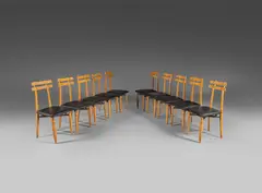 Roberto Aloi, Ensemble de dix chaises, A set of ten chairs in ash, metal and leatherette by Roberto Aloi designed circa 1955