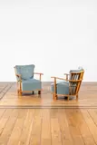 Fritz Hansen, Paire de fauteuils 1590, A pair of '1590' armchairs in stained wood and fabric by Fritz Hansen circa 1940