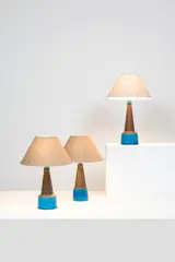 Nils Kähler, Ensemble de trois lampes, A set of three incised and impressed lamps in partially glazed stoneware designed by Nils Kähler and edited by Herman A