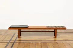 Arvid Haerum, Banc, A signed bench in wood, leather, resin and stones by Arvid Haerum circa 1960