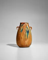 Vase by Auguste Delaherche, glazed stoneware with applied handles, impressed 'AUGUSTE DELAHERCHE', order number '6583', sold Apr 2025