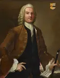 German School 18th century, Portrait of Edmond Michael Colnette three-quarter-length, in a brown coat, holding a recorder with a music score