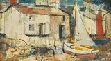 George Hammond Steel, Drying Sails, Mousehole, oil on board