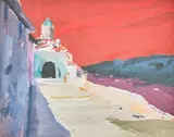 Donald Hamilton Fraser R.A., Landscape - Mountain Village, oil and pencil on paper