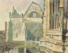 Edward Bawden R.A., Wingfield Manor, Derbyshire, Looking towards the State Apartments, watercolour, pen and ink and ink on paper