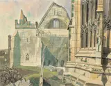 Edward Bawden R.A., Wingfield Manor, Derbyshire, Looking towards the State Apartments, watercolour, pen and ink and ink on paper
