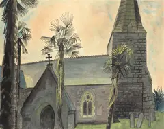 Edward Bawden R.A., Church and Palm Trees, pen and ink, watercolour and pencil on paper