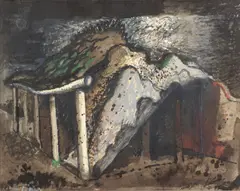 John Piper C.H., Derelict Barn, Lewknor, gouache, watercolour, ink, pen and ink and crayon on paper