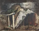 John Piper C.H., Derelict Barn, Lewknor, gouache, watercolour, ink, pen and ink and crayon on paper
