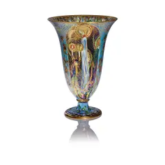 Daisy Makeig-Jones, for Wedgwood, circa 1925, Porcelain, decorated with a procession scene in red and violet with gilt highlights against a the blue and black lustre ground