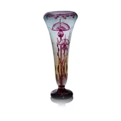 Charles Schneider, 'Chardons' Le Verre Français vase, circa 1918-1932, Mottled and frosted clear, blue and yellow glass, acid-etched in relief with thistles and cailloux pattern, overlaid in purple