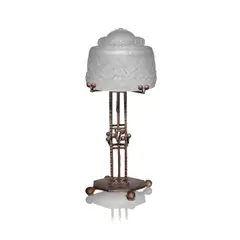 Muller Frères, Lamp, circa 1920, Moulded glass with floral and foliate design, frosted and polished, forged iron base