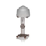 Muller Frères, Lamp, circa 1920, Moulded glass with floral and foliate design, frosted and polished, forged iron base