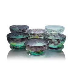 Set of six bowls by Daum, circa 1930, Clear glass with blue and green overlay, sold Dec 2024