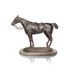 John Willis Good, 'The Tired Hunter', Patinated bronze, modelled as a standing horse with hunting saddle and foxes mask, raised on naturalistic oval plinth base