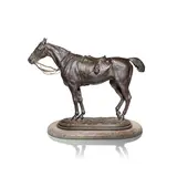 John Willis Good, 'The Tired Hunter', Patinated bronze, modelled as a standing horse with hunting saddle and foxes mask, raised on naturalistic oval plinth base