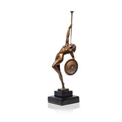 Raymonde Guerbe, Art Deco figural sculpture, circa 1930, Cold-painted spelter, depicting a female nude holding a shield and blowing a trumpet, raised on a stepped black marble plinth