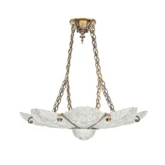 Rafel & Valls, Ceiling light, Frosted and polished glass panels, press moulded with pinecones and leaves, gilt-bronze frame