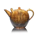 Seth Cardew, Monumental teapot, Stoneware, pale ash green and brown poured glazes with brushed iron design