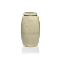 Bernard Leach, Squared 'Willow' vase, Stoneware, ash green glaze with iron speckle and incised with stylised tree designs on each side